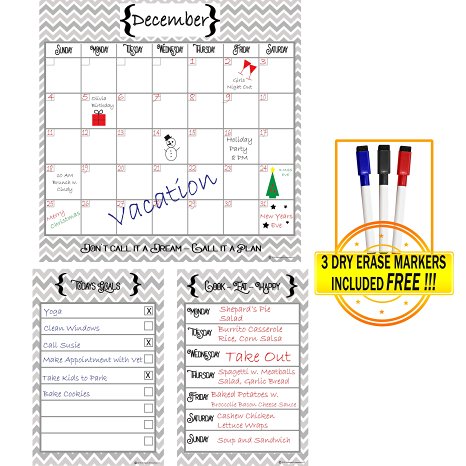 Family Information Center and BONUS Marker Set - Magnetic Monthly Calendar Board Organizer - Weekly Meal Menu Planner and Daily To Do List Dry Erase Whiteboard