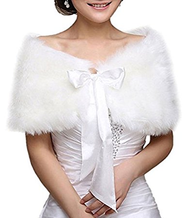 EQLEF® White Faux Fur Wrap Shawl Shrug Bolero Cape Lady Gift with Satin Bowknot, Bridal Ivory Faux Fur Jacket coat shawls stole