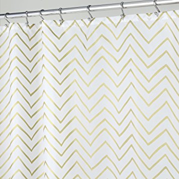 mDesign Decorative Metallic Chevron Print Water Repellent, Fabric Shower Curtain for Bathroom Showers and Stalls, Machine Washable – 72" x 72"- Gold Zig Zag Geometric Pattern, White Ground