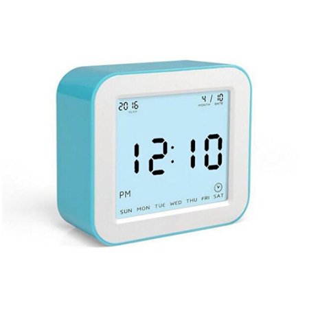 BonyTek Intelligent Digital Clock with Alarm Clock, Calendar, Temperature and Count-down Timer Display in 4 Rotating, Battery Operated Smart Travel Clock with Light-control LED Backlight (Blue)