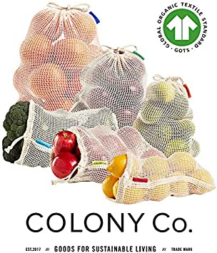 Colony Co. Reusable Produce Bags - Set of 6 - Various Sizes - Organic Cotton Mesh - Washable - Tare Weight Label - Double-Drawstring Design - Zero Waste