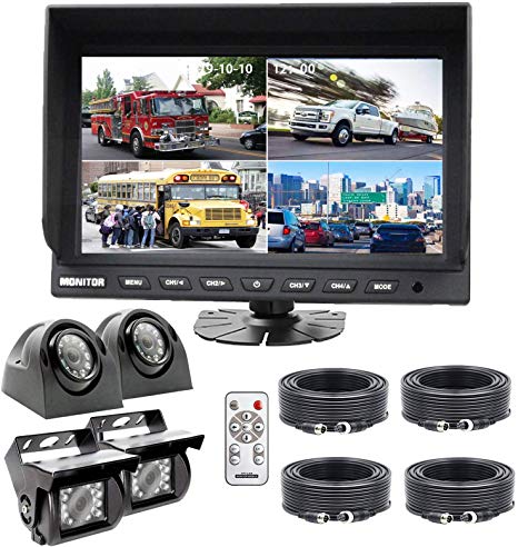 DOUXURY Backup Camera System, 4 Split Screen 9'' Quad View Display HD Monitor with DVR Recording Function, Waterproof Night Vision Cameras x 4 for Truck Trailer Heavy Box Truck RV Camper Bus
