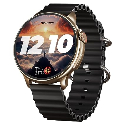 CrossBeats Aura Round 1.46" Super AMOLED Smart Watch, Always On, Advanced AI ENC Bluetooth Calling, in-Built Games, Fast Charge, Rotating Crown, 123  Sports Modes, 454 × 454 Pixel (Gold, Black)