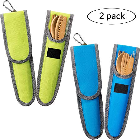 2 Sets Bamboo Travel Utensils Bamboo Cutlery Flatware Set Include Reusable Bamboo Fork, Knife, Spoon, Chopsticks, Straw, Cleaning Brush (Blue, Green)