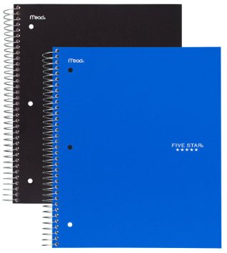 Five Star Spiral Notebook, 5 Subject, 200 College Ruled Sheets, Black and Cobalt Blue, 2 PACK (73035)