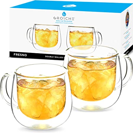 GROSCHE Fresno Double Walled Glass Cups Set of 2 x 280 ml Double Walled Glasses for Coffee, Tea. Set of 2 x 9.2 fl. oz. with Handle