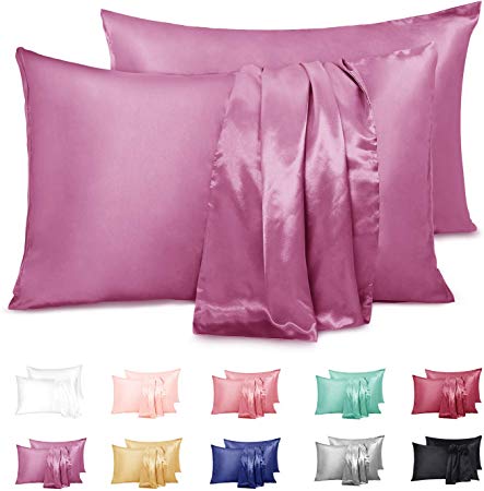 Duerer 2 Pack Silky Satin Pillowcases for Hair and Skin Standard/Queen/King Size Pillow Case with Envelope Closure (20"x36", Purple)