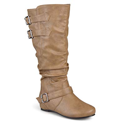 Journee Collection Womens Regular Sized, Wide-Calf and Extra Wide-Calf Buckle Slouch Low-Wedge Boot