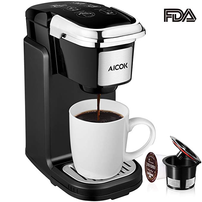 Aicok Single Serve Coffee Maker with Removable Cover Quiet and Quick Brew Technology for Most Single Cup Pods including K-CUP pods, 800W, Black