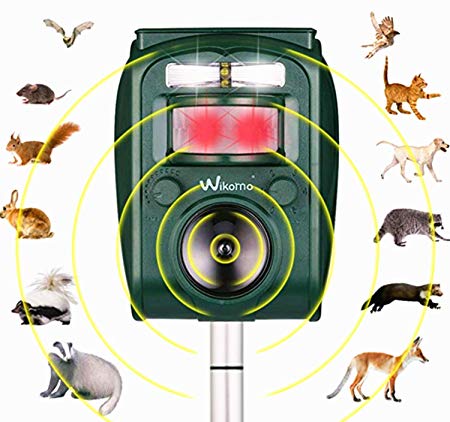 Wikomo Ultrasonic Repeller Solar Powered Animal Repeller, Motion Sensor and Flashing Light Anima; Repeller for Cats, Dogs, Squirrels, Moles, Rats