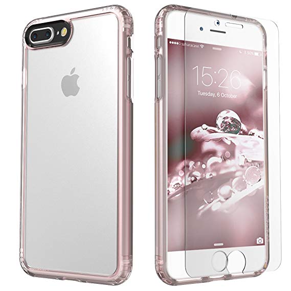 SaharaCase for iPhone 8 Plus and 7 Plus Case, Protective Kit Bundled with [ZeroDamage Tempered Glass Screen Protector] Rugged Slim Fit Shockproof Bumper [Hard PC Back] Protection - Rose Gold Clear