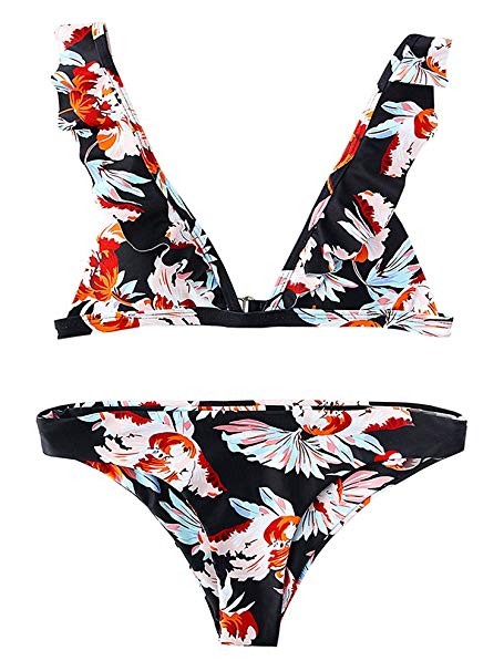 Womens Ruffle Swimsuits Floral Two Piece Bathing Suits Triangle Push up Bikini Set