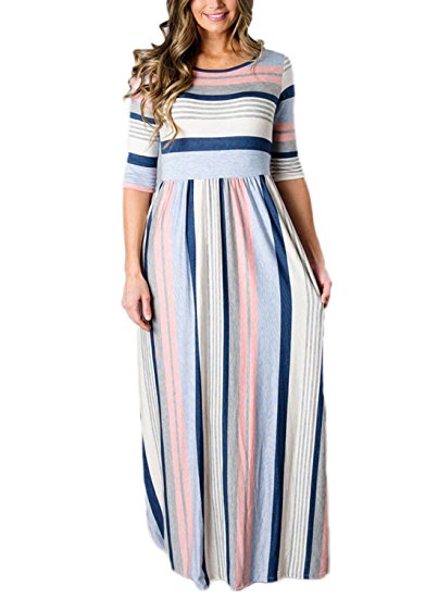 Bdcoco Women's Short Sleeve Color block Striped Loose Casual High Waist Shirt Maxi Dress