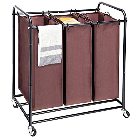 MaidMAX 3 Bags Rolling Laundry Sorter, 4 Wheels Cart 3 Removable Bags, Metal Frame, Brown