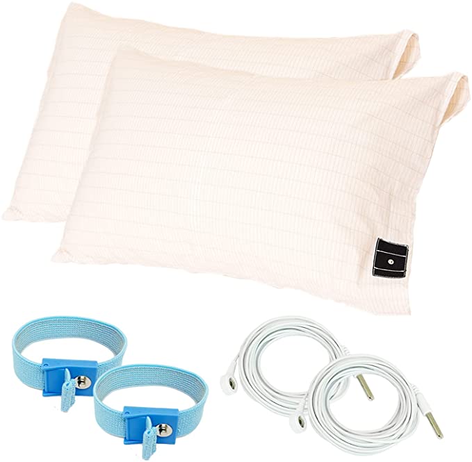 Grounding Pillowcase(2 Pack) with 95%Organic Cotton and 5% Silver Fiber, with 2 Grounding Wristbands and 15ft Straight Cords, Reduce Inflammation, Improve Sleep and Helps with Anxiety (20x30 inch)