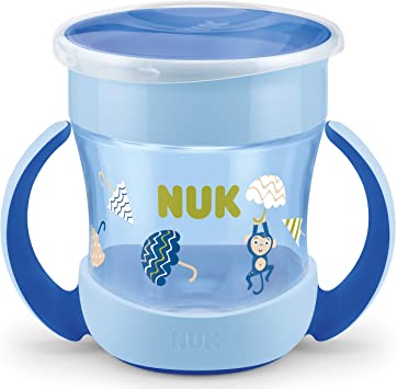 NUK Mini Magic Cup Sippy Cup | 360° Anti-Spill Rim | 6  Months | Easy Grip Handles | BPA-Free | 160 ml | Monkey (Blue) | 1 Count