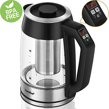 Comfee 1.7 Liter Smart Precise Temperature Control & Keep Warm Function Cordless Glass Electric Kettle with Removable Built-In Tea Infuser. Digital Kettle for tea, coffee, baby milk