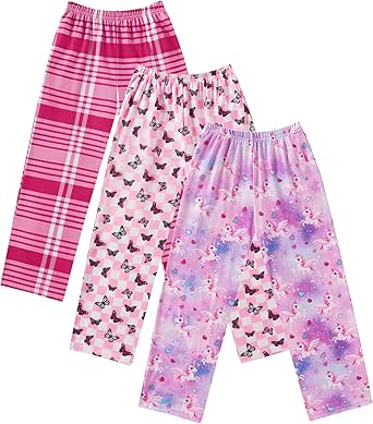 Ekouaer 2/3 Pack Girls Pajama Pants Cute Print PJ Pants Soft Kids Bottoms Elastic Waist Lounge Pants with Pockets