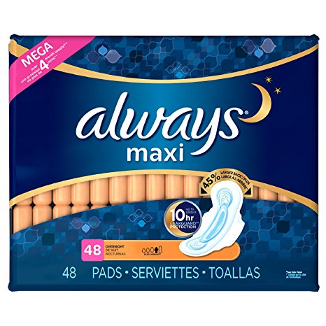 Always Maxi Overnight Pads With Wings, 48 Count