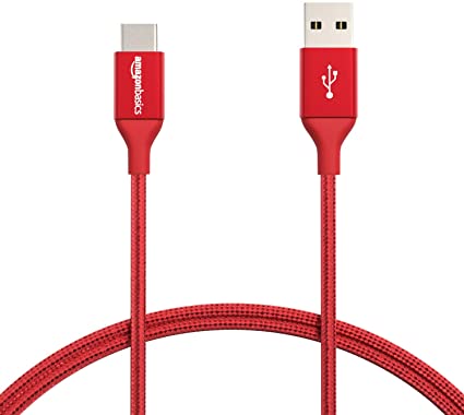 AmazonBasics Double Braided Nylon USB Type-C to Type-A 2.0 Male Charging Cable | 3 feet, Red