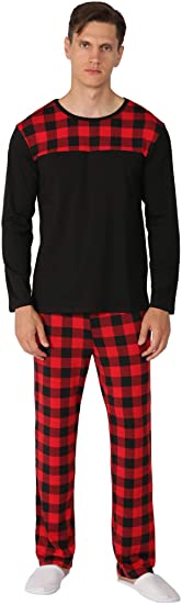 YIMANIE Men's Pajama Set Soft Cotton Long Sleeves and Pajamas Pants Classic Plaid Sleepwear Lounge Set