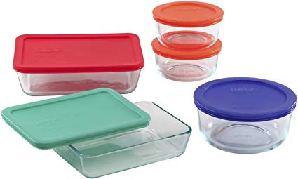 Pyrex Simply Store Glass Food Set with Multi-Colored Lids (10-Piece) Meal Prep Containers, (New)