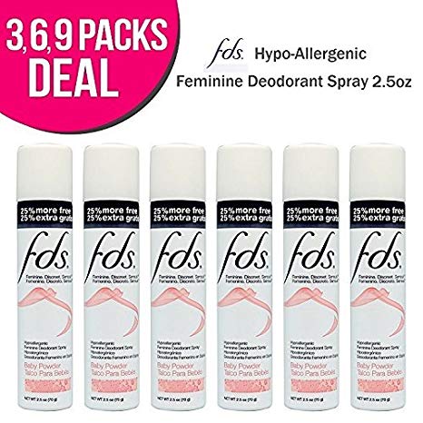 FDS Hypo-Allergenic Feminine Deodorant Spray,Baby Powder, 2oz + 25% BONUS (6-Pack)