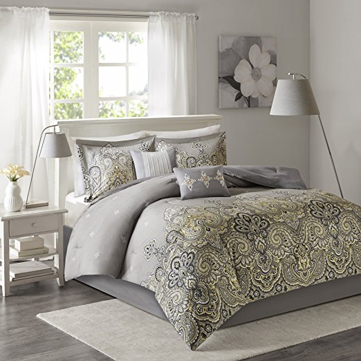 Comfort Spaces - Alissa Cotton printed Comforter Set - 6 Piece - Yellow and Grey - Paisley Print - Cal-King Size, includes 1 Comforter, 2 Shams, 1 Bedskirt, 2 Decorative Pillows