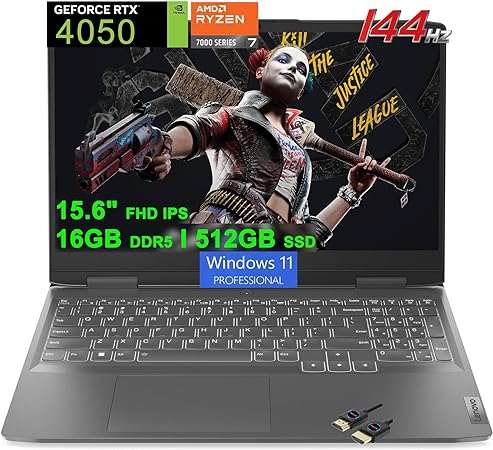 Lenovo LOQ Gaming Laptop | 15.6" FHD 144Hz | AMD Zen4 8-core Ryzen 7 7840HS &gt;i7-12700H | 16GB DDR5 512GB SSD | GeForce RTX 4050 8GB | Backlit FHD Camera Rapid Charge Win11Pro Grey   HDMI Cable