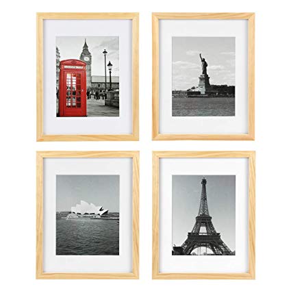 ONE WALL Tempered Glass 11x14 Picture Frame Solid Wooden Frame Set of 4 with Mats for 8x10 Photo, Natural Wood Color Frames for Wall Mounting or Tabletop - Mounting Hardware Included