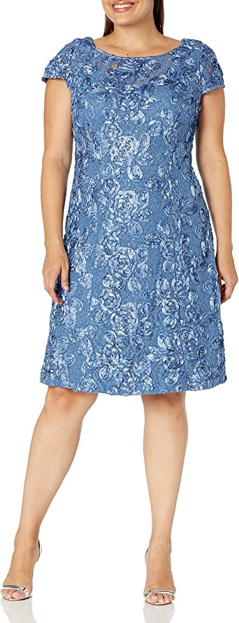 Alex Evenings Women's Plus Size Tea Length Dress with Rosette Detail