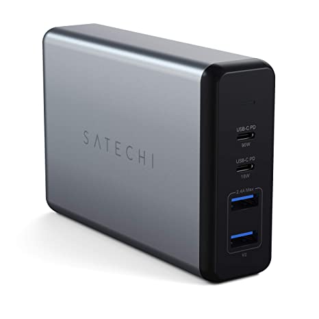 satechi 108w pro usb-c uk pd desktop charger - 2 usb-c pd & 2 usb-a ports - compatible with 2019 macbook pro, 2018 macbook air, 2018 ipad pro, iphone 11 pro max/11 pro/11- Black