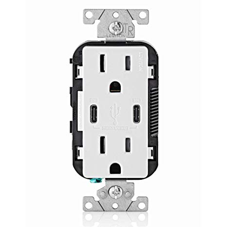 Leviton T5635-W USB Dual Type-C with Power Delivery (PD) In-Wall Charger with 15 Amp, 125 Volt Tamper-Resistant Outlet, White