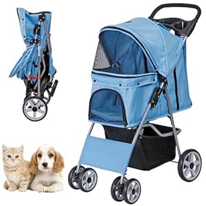 ZENY Foldable Pet Stroller, Cat/Dog Stroller with 4 Wheel, Pet Travel Carrier Strolling Cart with Storage Basket, Cup Holder (Blue)