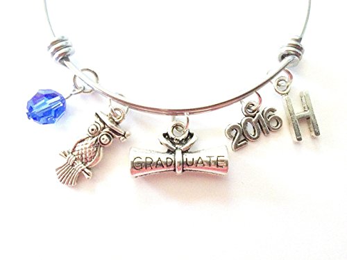 Graduation / Graduate / Graduating themed personalized bangle bracelet. Antique silver charms and a genuine Swarovski birthstone colored element.