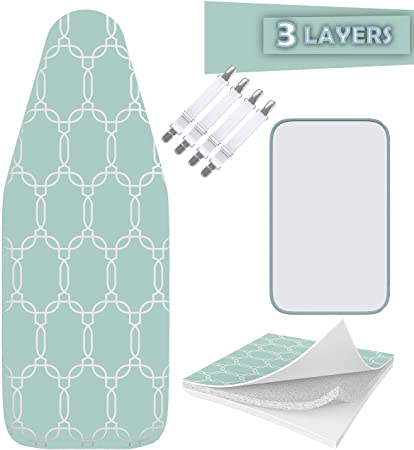 Balffor Silicone Wider Ironing Board Cover and Pad - Scorch Proof TriFusion Iron Board Cover (White & Green) with Bonus Adjustable Fasteners and Protective Mesh (18" X 49", Geometric Green)
