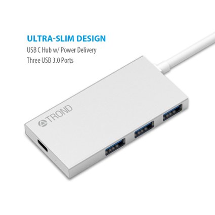 TROND® D2C Ultra Slim USB Type C Hub with Passthrough Charging (3 USB 3.0 Ports, 1 USB-C Power Delivery Port, 4.5" USB-C Cable, Silver), Ideal for Apple New MacBook 12-Inch & More