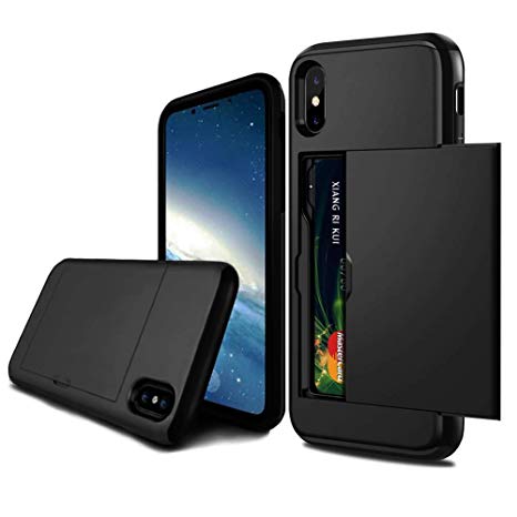 iPhone Xs max Case Wallet Dual Layer Soft TPU Rubber Cover with Hybrid Back Card Holder (6.5 inch, Black)