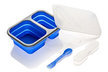 SE STW236-BL Dual Compartment Collapsible Silicone Food Container with Double-Ended Utensil (Spoon/Fork)