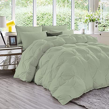 Premium Quality - Full/Queen Size (90" x 90") Inches, 3pc Pinch Pleated Comforter Set 400 GSM 800 Thread Count 100% Egyptian Cotton - Sage Solid