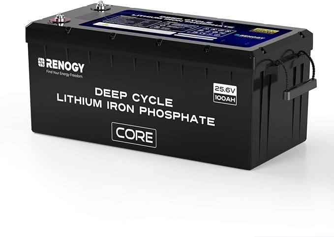 Renogy 24V 100Ah BMS LiFePO4 Deep Cycle Lithium Battery, Over 5000 Cycles, Backup Power Perfect for Trolling Motors, RV, Marine and Other Off-Grid System