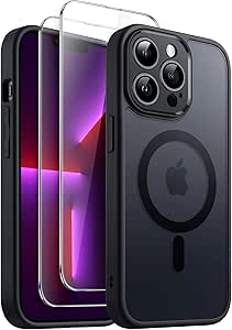 JETech 3 in 1 Magnetische Hülle für iPhone 13 Pro Max 6,7 Zoll mit 2 Stück Gehärtetes Glas Schutzfolie, Kompatibel mit MagSafe, Transluzente Matt Rückseite Stoßfeste Handyhülle (Schwarz)