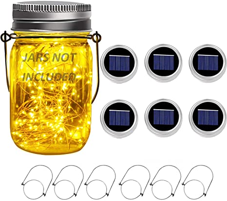 Mason Jar Solar Lights -6 Pack 20 LED Waterproof Solar Mason Jar lids Lights, Outdoor Lantern Mason String Solar Lights with Hangers for Regular Mouth Jars (Upgraded)