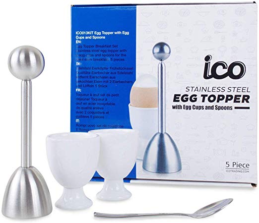 ICO Egg Topper and Cracker Gift Set, Includes 2 Stainless Steel Egg Cups, Spoons, and Egg Topper