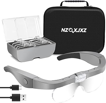 NZQXJXZ Head Magnifying Glasses with 2 LED Lights, Rechargeable Hands Free Magnifying Glass, Headband Magnifier with Storage Box, 4 Detachable Lenses 1.5X 2.5X 3.5X 5X for Close Work, Jewelry, Reading