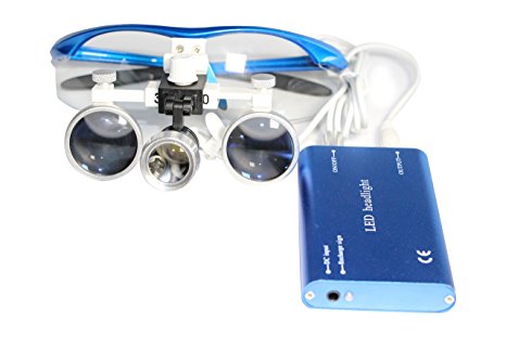 Dental Power Dental Binocular Loupes 3.5X 420mm   LED Head Light Lamp  Aluminum Box (Blue)