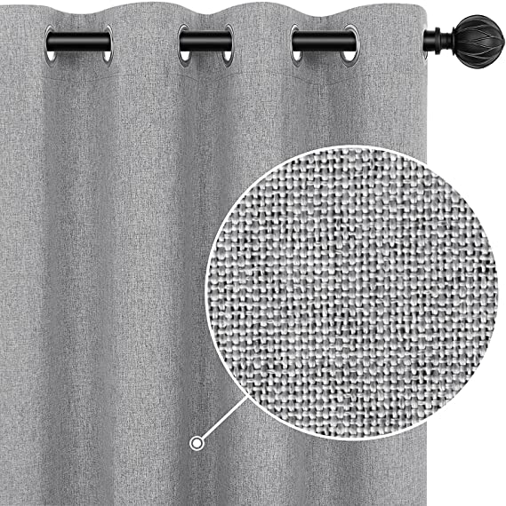 INOVADAY 100% Blackout Curtains 84 Inch Length 2 Panels Set Thermal Insulated Linen Blackout Curtains for Bedroom Primitive Textured Burlap Drapes with Silver Lining - Grey, W50 x L84