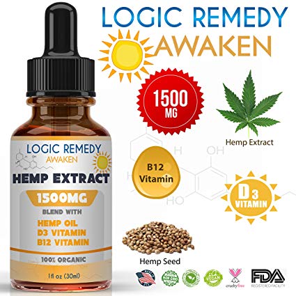 Logic Remedy: “Awaken”, (1500 mg) Hemp Oil Extract, Natural Pain, Anxiety Relief, Healthy Mood, Energy, Skincare Support (Hemp Oil, Vitamin D3 & B12)