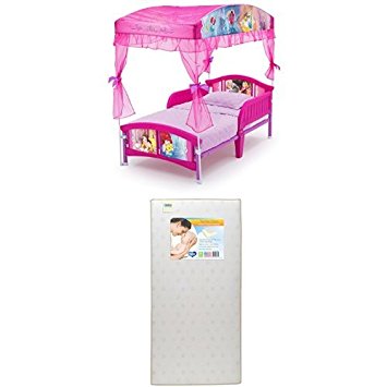 Delta Children Canopy Toddler Bed, Disney Princess  with Twinkle Stars Crib & Toddler Mattress