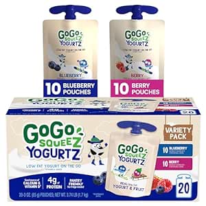 GoGo squeeZ yogurtZ Variety Pack, Blueberry & Berry, 3 oz (Pack of 20), Kids Snacks Made from Real Yogurt and Fruit, No Fridge Needed, Gluten Free, Nut Free, Recloseable Cap, BPA Free Pouches